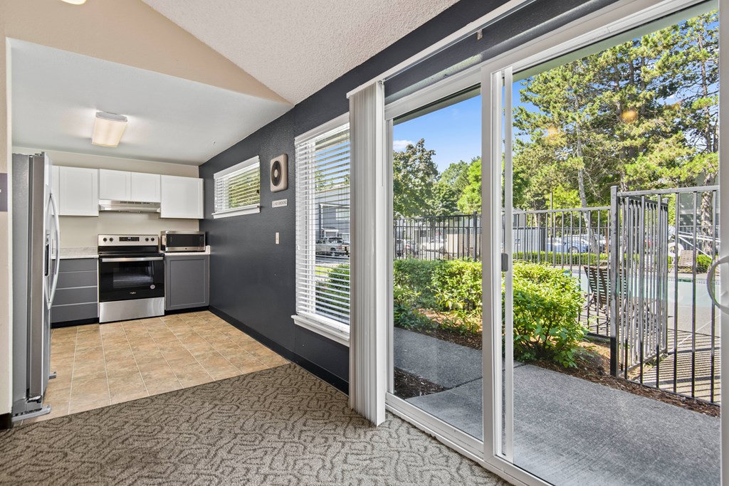Hunt Club clubhouse kitchen and sliding glass door to patio