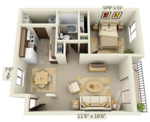 Garden Glen II 1x1 Floor Plan 592 Square Feet