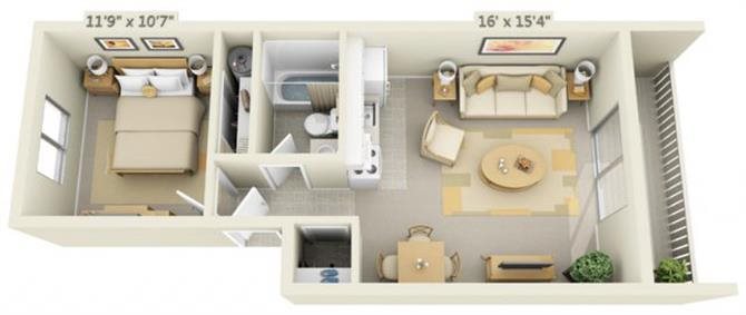 Rolling Hills Apartments Super Studio 0x1 Floor Plan 520 Square Feet