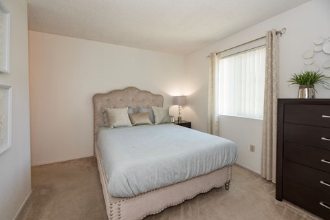 Model 2x2 primary bedroom at River Pointe, Sacramento, California