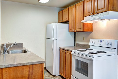 a kitchen with a stove refrigerator and sink