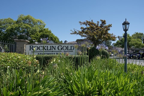 A sign for Rocklin Gold Apartment Homes is surrounded by greenery.