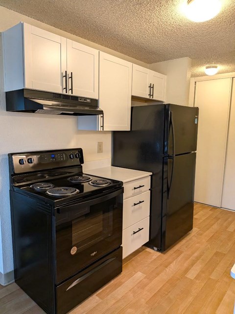 A black stove and refrigerator in a kitchen with white cabinets.