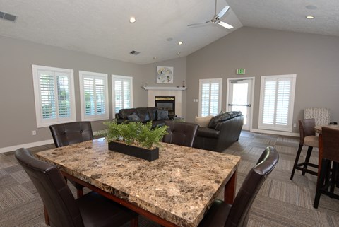 Stanford Heights clubhouse fireplace and seating