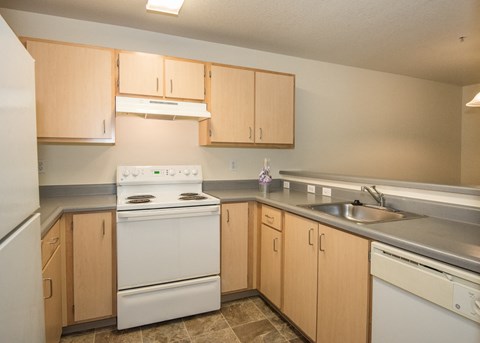 the preserve at ballantyne commons apartment kitchen with white appliances and wood cabinets