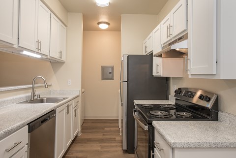 A kitchen with a black refrigerator and stove.