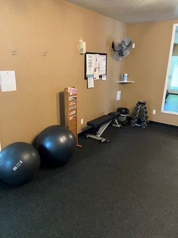 Sunstone Parc fitness center with exercise balls and free weights