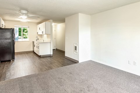 A living room with a black fridge and a grey carpet.