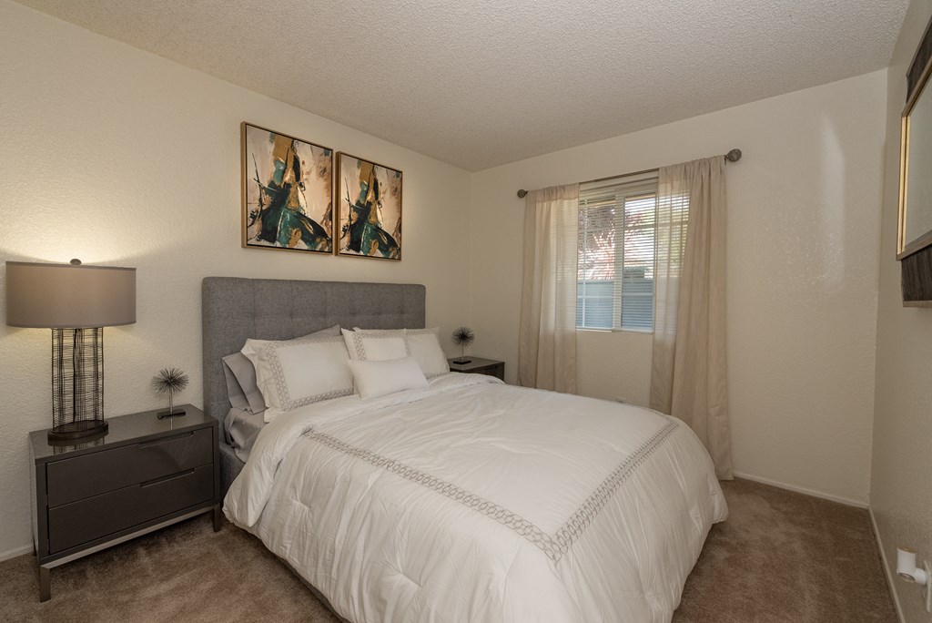 model primary bedroom at Woodbridge Apartments, Sacramento, 95833