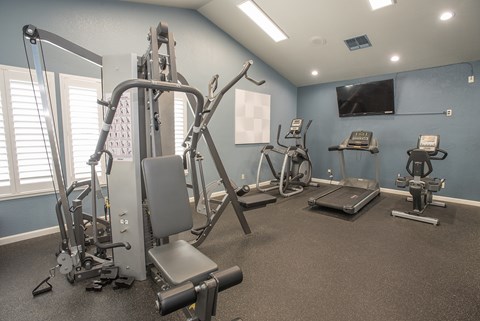A gym with a variety of equipment including a treadmill, a stationary bike, a rowing machine at Zinfandel Village Apartments,