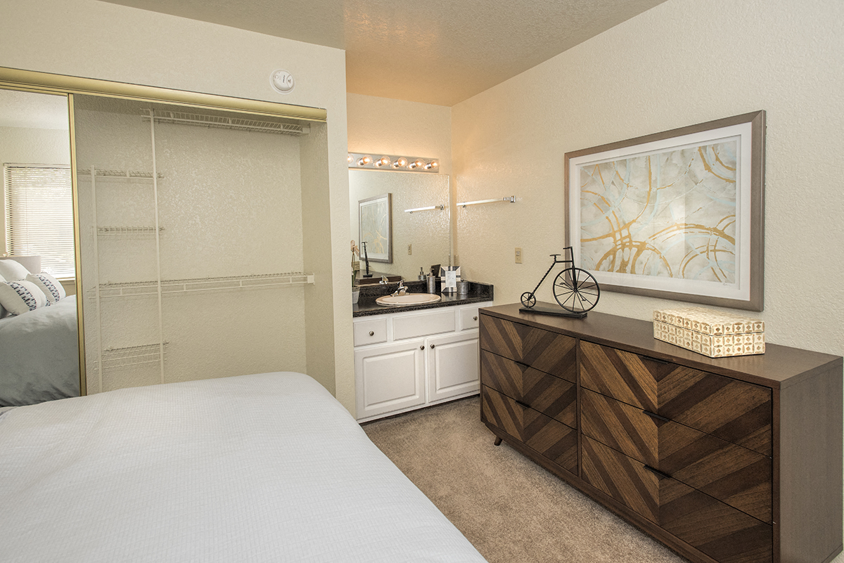 Model Upgraded Master Bedroom Vanity & Closet at Zinfandel Village Apartments, Rancho Cordova, California 95670