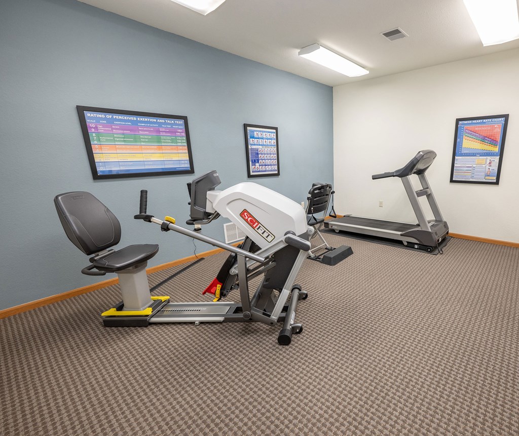 A gym room with a treadmill, exercise bike, and other equipment.