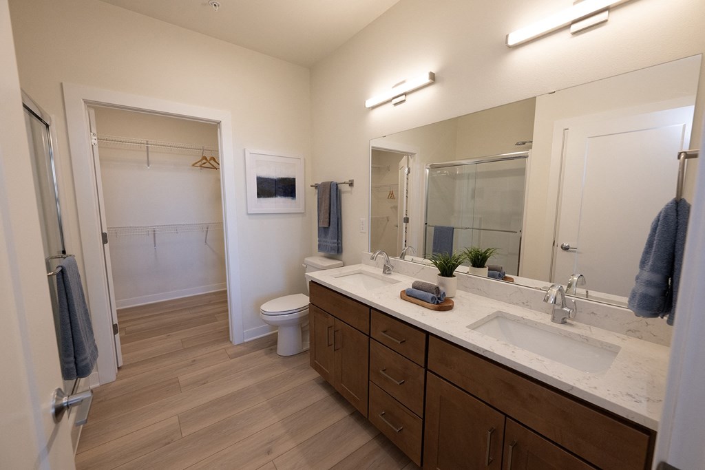 a bathroom with a large mirror and a sink and a toilet