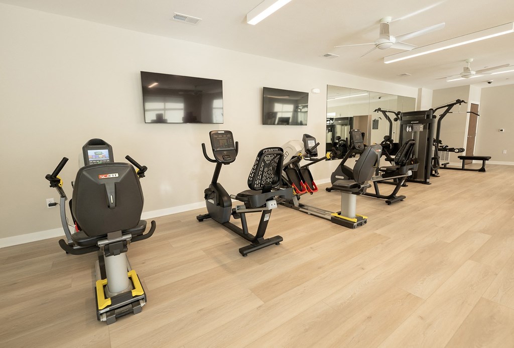 a row of exercise bikes in a gym