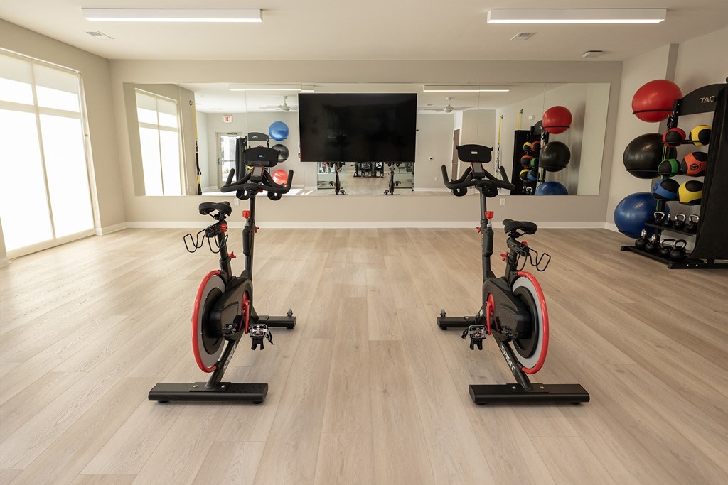 two exercise bikes in a room with weights and a tv