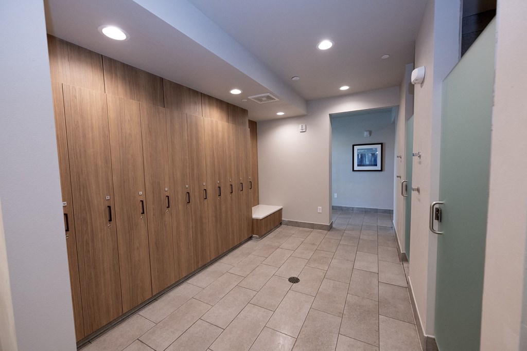a row of lockers in a hallway of a building