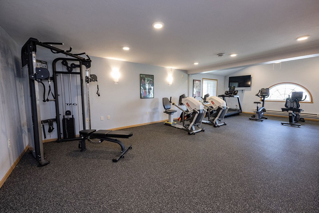 a gym with exercise equipment and a tv