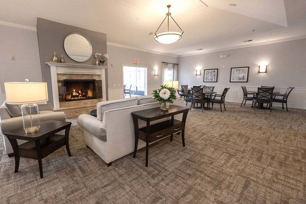 a living room with a fireplace