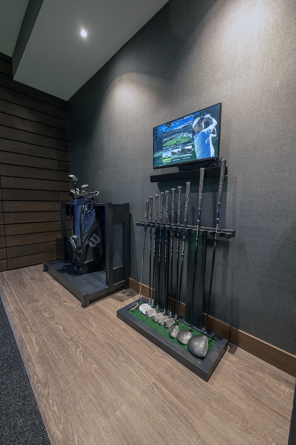 a golf room with a tv on the wall and a set of