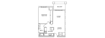 A floor plan of a small apartment with a bedroom, living room, kitchen, and dining area.