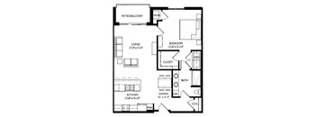 A black and white floor plan of a house with a kitchen, living room, dining room, bedroom, bathroom, and closet.
