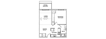 A floor plan of a house with a living room, dining room, kitchen, bedroom, bathroom and a patio.