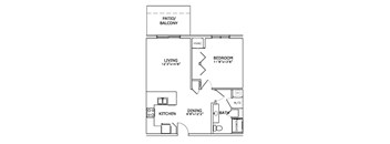 A floor plan of a home with a living room, dining room, kitchen, bedroom, and bathroom.