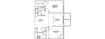 A floor plan of a home with a living room, dining room, kitchen, and three bedrooms.