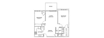 A floor plan of a house with a patio, living room, dining room, kitchen, and two bedrooms.