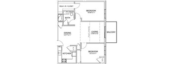 A floor plan of a small apartment with a living room, dining room, kitchen, and two bedrooms.