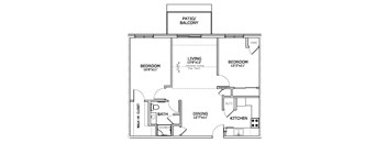 A floor plan of a home with a living room, two bedrooms, a bathroom, a dining room, a kitchen, and a walk-in closet.