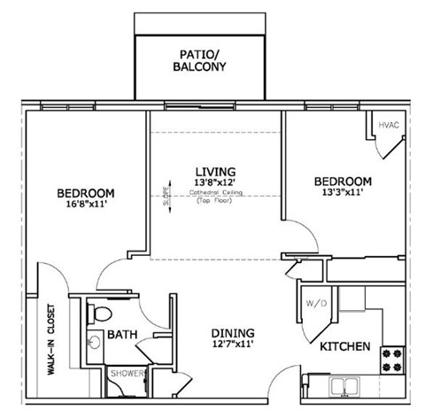 A floor plan of a home with a living room, two bedrooms, a bathroom, a dining room, a kitchen, and a walk-in closet.