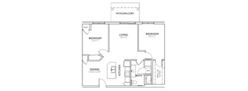 A floor plan of a home with a living room, two bedrooms, a dining area, a kitchen, and a bathroom.