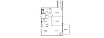 A floor plan of a house with a living room, dining room, kitchen, bathroom, and two bedrooms.
