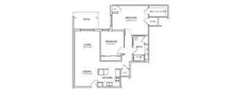 A floor plan of a house with a living room, two bedrooms, a patio, a walk-in closet, a dining area, a kitchen, and a bathroom.