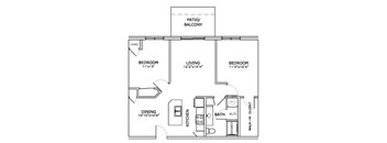 A floor plan of a home with a living room, two bedrooms, a dining room, a kitchen, a bathroom with a walk-in closet, and a patio/balcony.