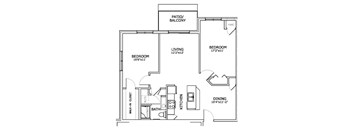 A black and white image of a house floor plan with a living room, two bedrooms, a bathroom, a walk-in closet, a dining area, and a kitchen.