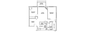 A floor plan of a home with a living room, two bedrooms, a dining room, a kitchen, and a bathroom.