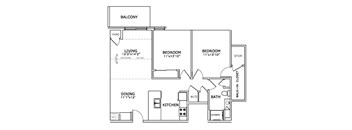 A black and white image of a floor plan for a home with a balcony, living room, dining room, kitchen, two bedrooms, a bathroom, and a storage area.