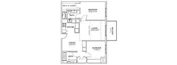 A black and white image of a floor plan for a home with a living room, kitchen, dining room, and three bedrooms.