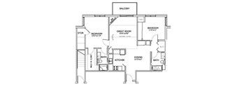A black and white image of a floor plan for a house with a balcony.