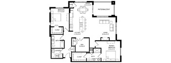 A black and white floor plan of a house with labeled rooms.