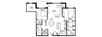 A black and white floor plan of a house with labeled rooms and dimensions.