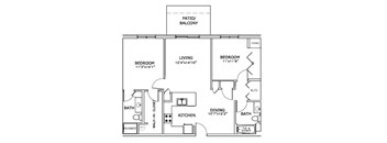 A floor plan of a home with a living room, two bedrooms, a kitchen, a dining room, a bathroom, and a patio/balcony.