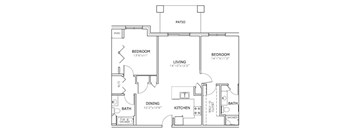 A floor plan of a house with two bedrooms, a living room, a dining room, a kitchen, a patio, and a bathroom with a tub and shower.