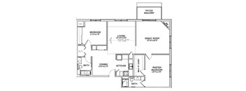 A floor plan of a house with a master bedroom, a living room, a great room, a dining room, a kitchen, a patio, a balcony, a bath, a tub and shower.