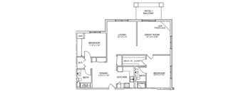 A floor plan of a house with a living room, two bedrooms, a dining room, a kitchen, a patio, a balcony, a great room, and a gas fireplace.