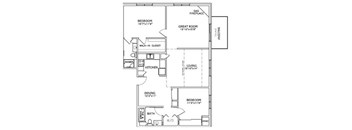 A floor plan of a home with a living room, dining room, kitchen, and three bedrooms.