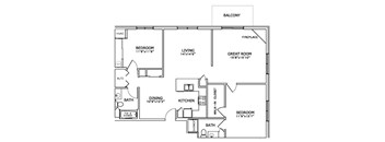 A floor plan of a house with a balcony, living room, dining room, kitchen, and two bedrooms.