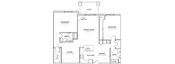 A floor plan of a house with a living room, two bedrooms, a bathroom, a kitchen, a dining room, and a great room.